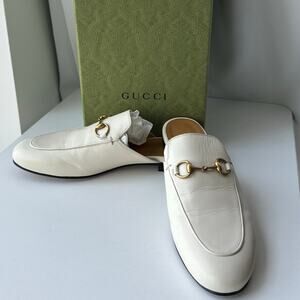 NIB! Gucci (37.5) White/Gold Princetown Horsebit Leather Slip on Mule-New in Box